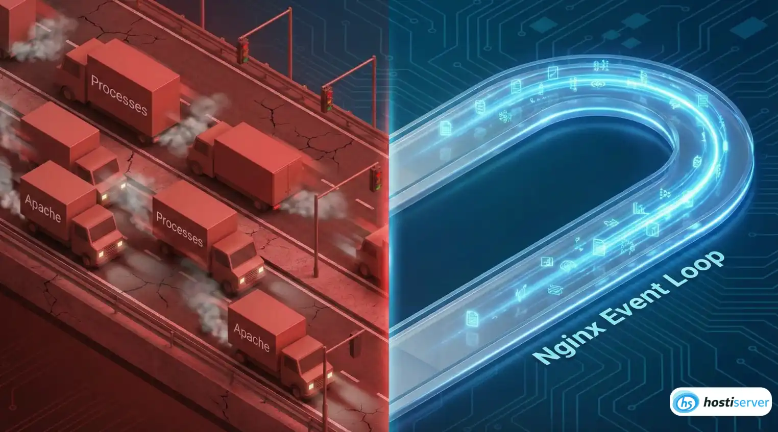 Візуалізація архітектури: важкі процеси Apache проти швидкої event-driven моделі Nginx