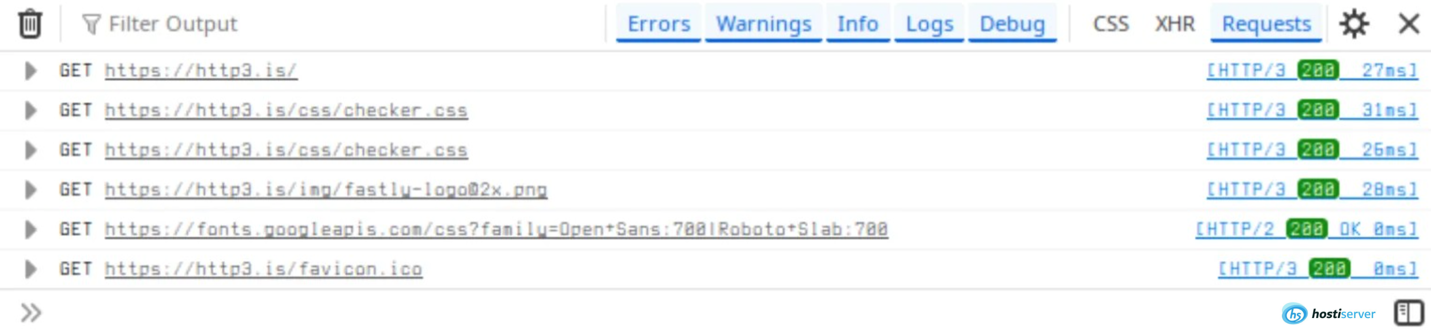 HTTP/3 запити у DevTools браузера з кодами відповіді 200 і часом обробки