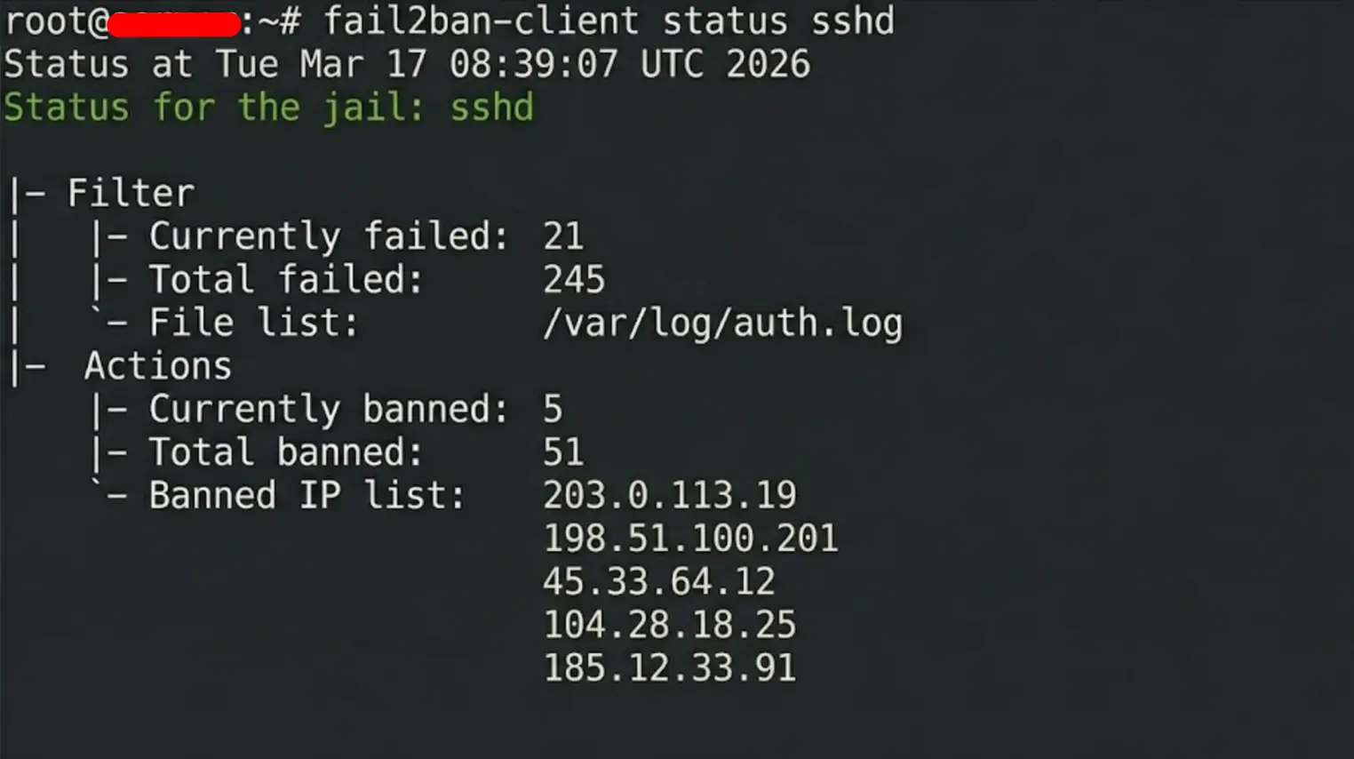 Вивід команди fail2ban-client status sshd зі списком забанених IP-адрес атакуючих