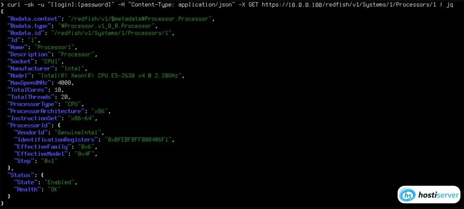 JSON-відповідь Redfish API на GET /redfish/v1/Systems/1: модель, серійний номер, стан живлення, кількість CPU і RAM