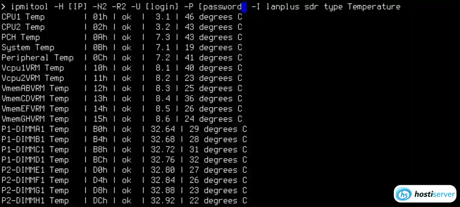 Вивід команди ipmitool sensor list: температури, обороти вентиляторів, стан PSU з поточними значеннями і порогами